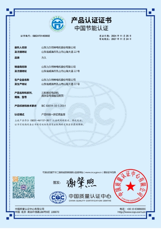 山東力久成功獲得電機IEC標準節(jié)能認證 山東力久成功獲得電機IEC標準節(jié)能認證